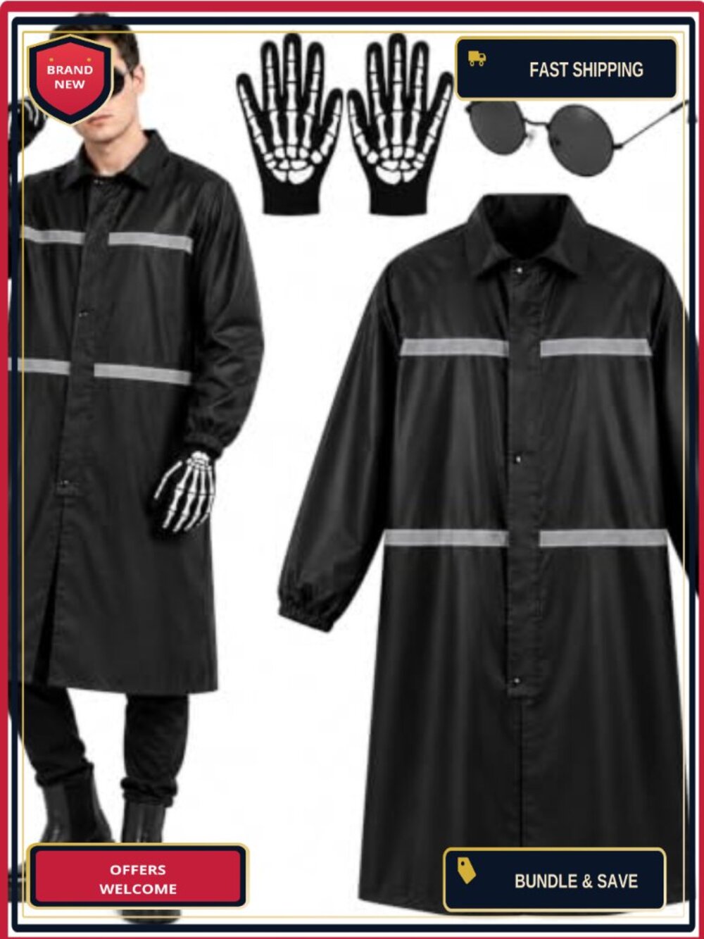 6 Pcs Halloween Costume Accessory Set Adults Long Coat Glasses Gloves